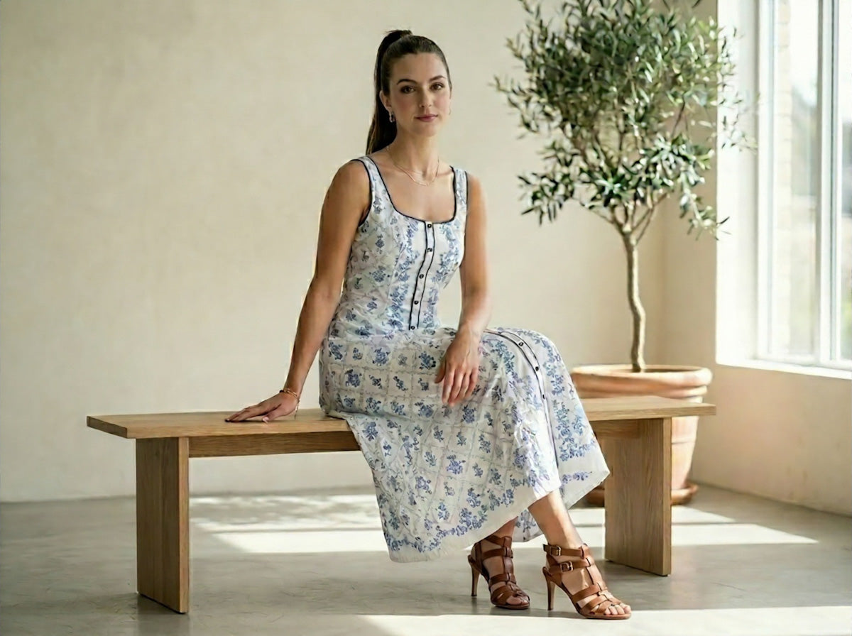 Floral Print Sleeveless Button Front Midi Dress