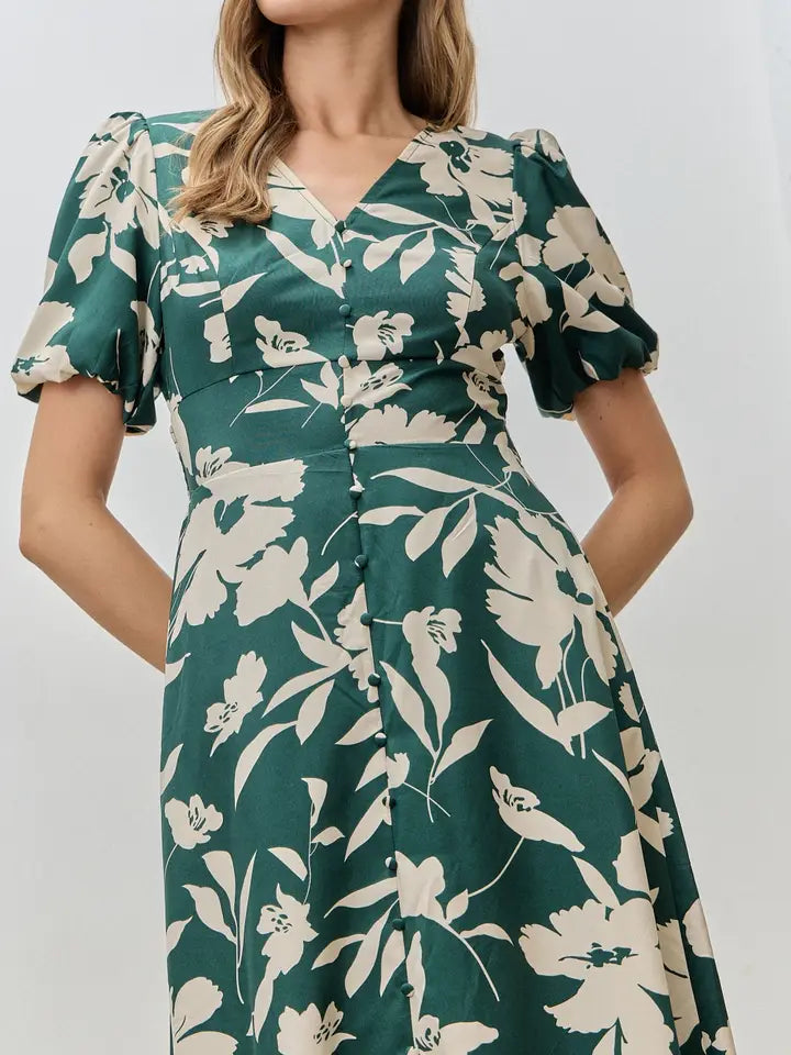 Elegant V-Neck Shirred Waist Midi