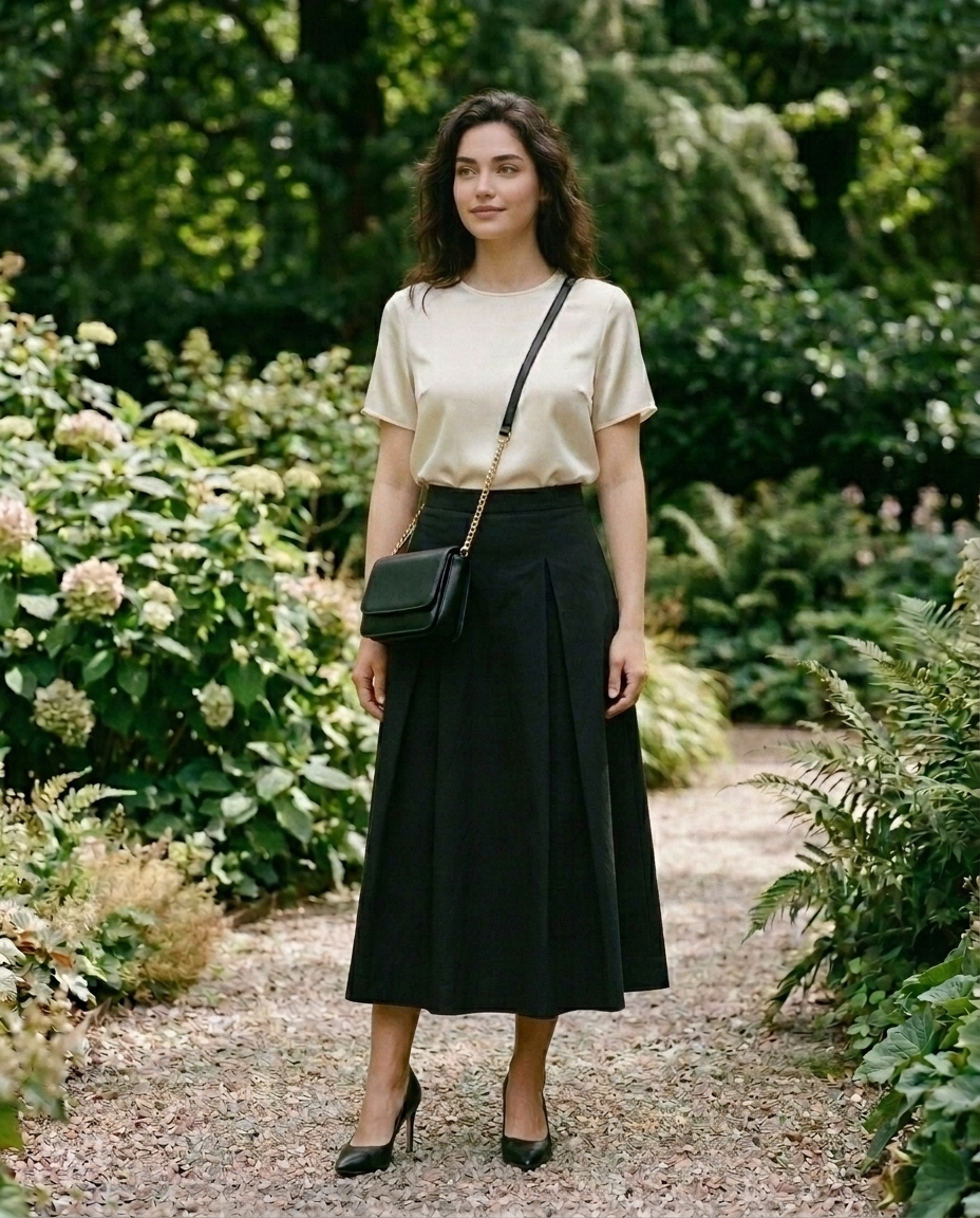 High Rise Waistband Front Pleats A Line Midi Skirt