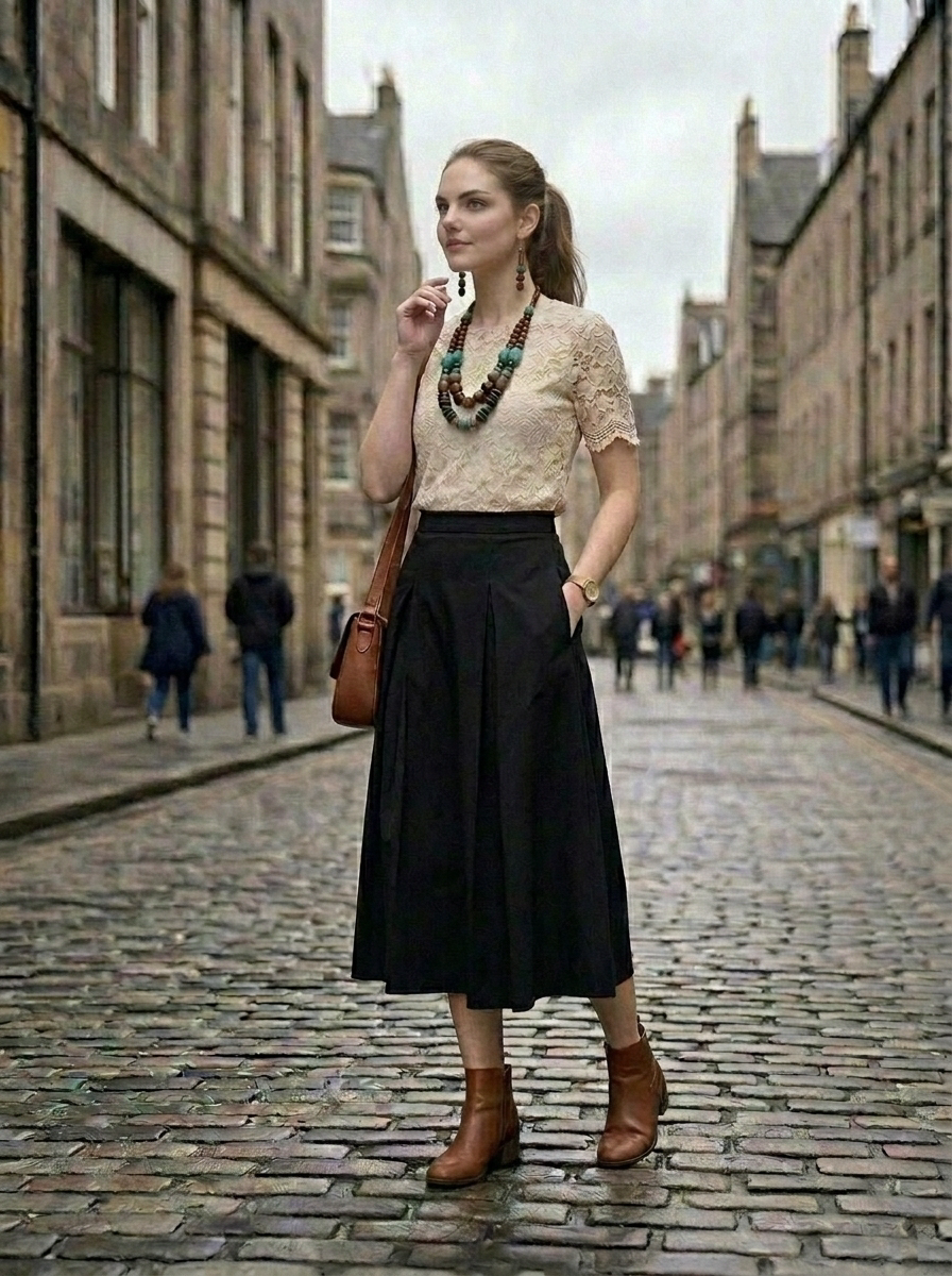High Rise Waistband Front Pleats A Line Midi Skirt