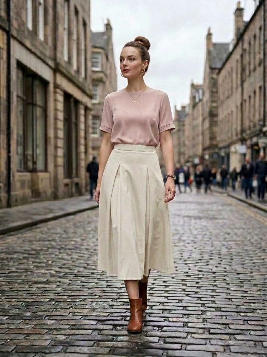 High Rise Waistband Front Pleats A Line Midi Skirt