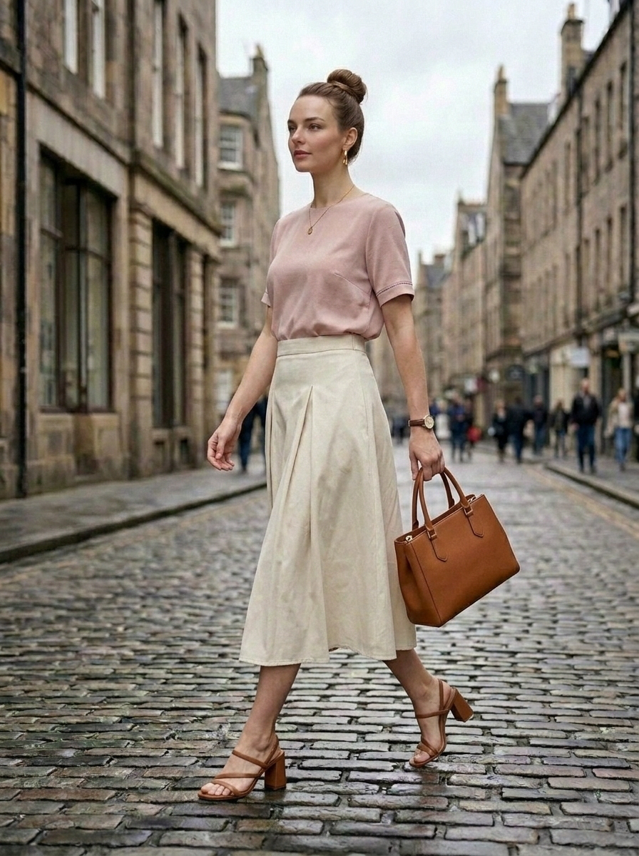 High Rise Waistband Front Pleats A Line Midi Skirt