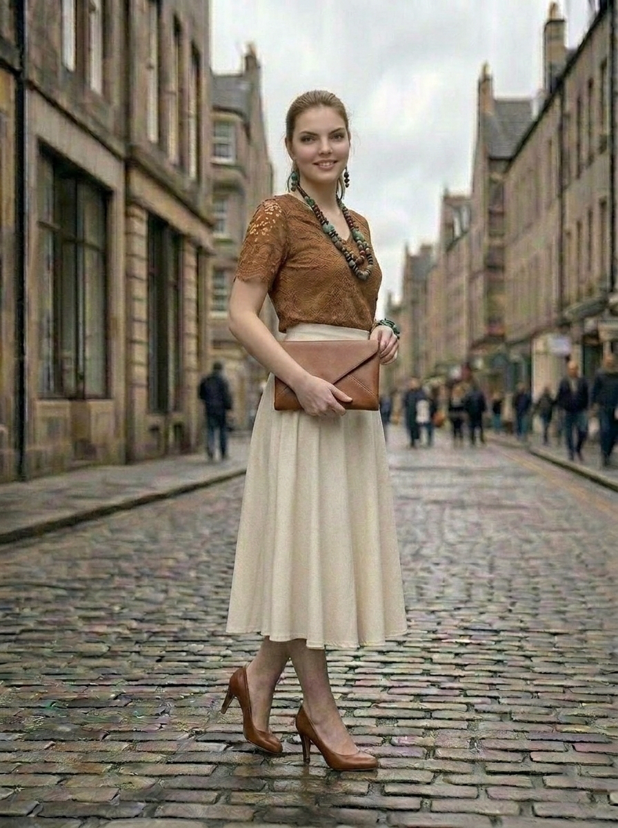 High Rise Waistband Front Pleats A Line Midi Skirt