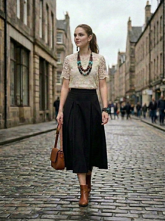 High Rise Waistband Front Pleats A Line Midi Skirt
