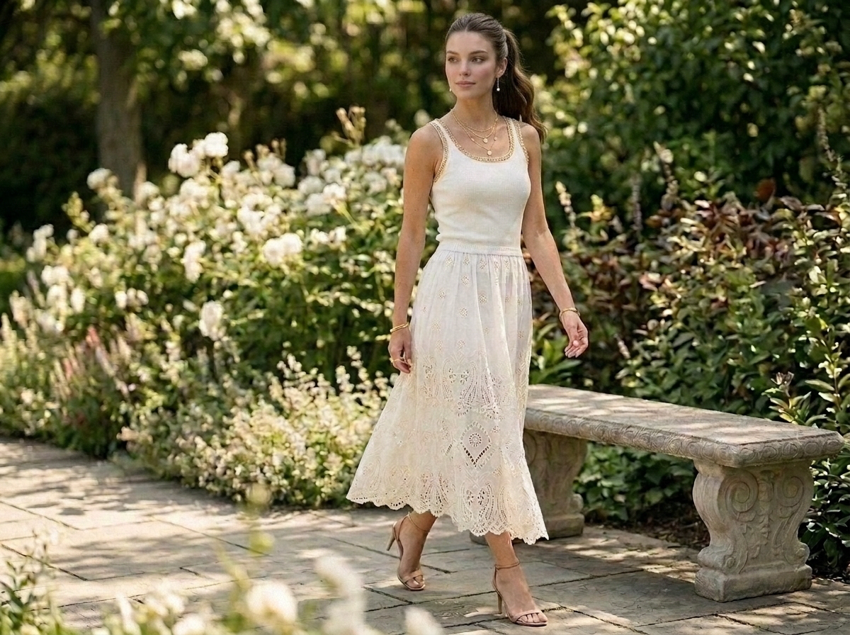 Ivory Eyelet Sweater Combo Midi Dress