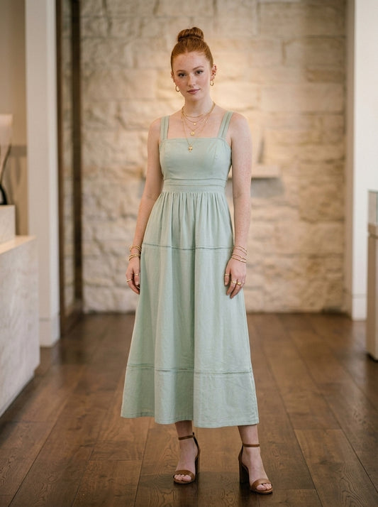 Linen Mix Square Neck Ladder Lace Trim Midi Dress