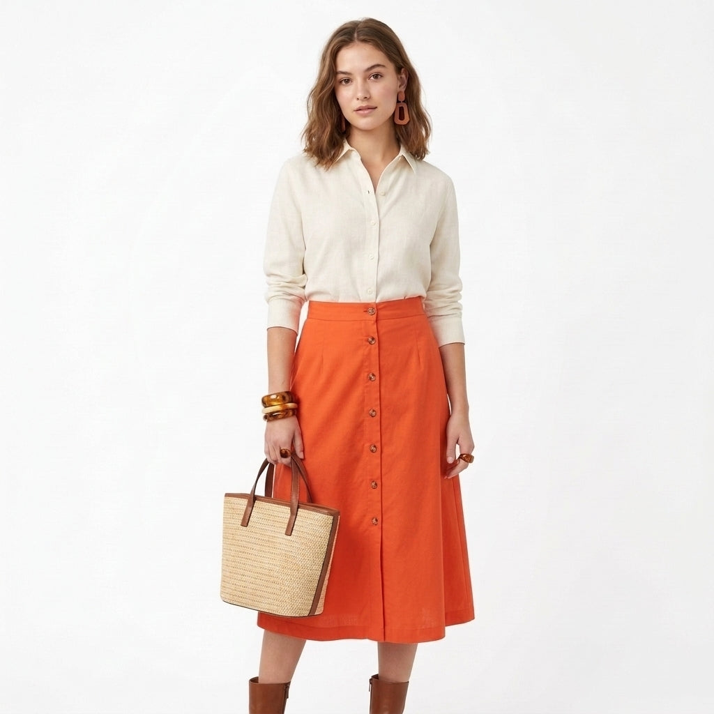 Everyday Cotton Button-Front Midi Skirt — On Model - Accessories Focus | Generated by Modelize