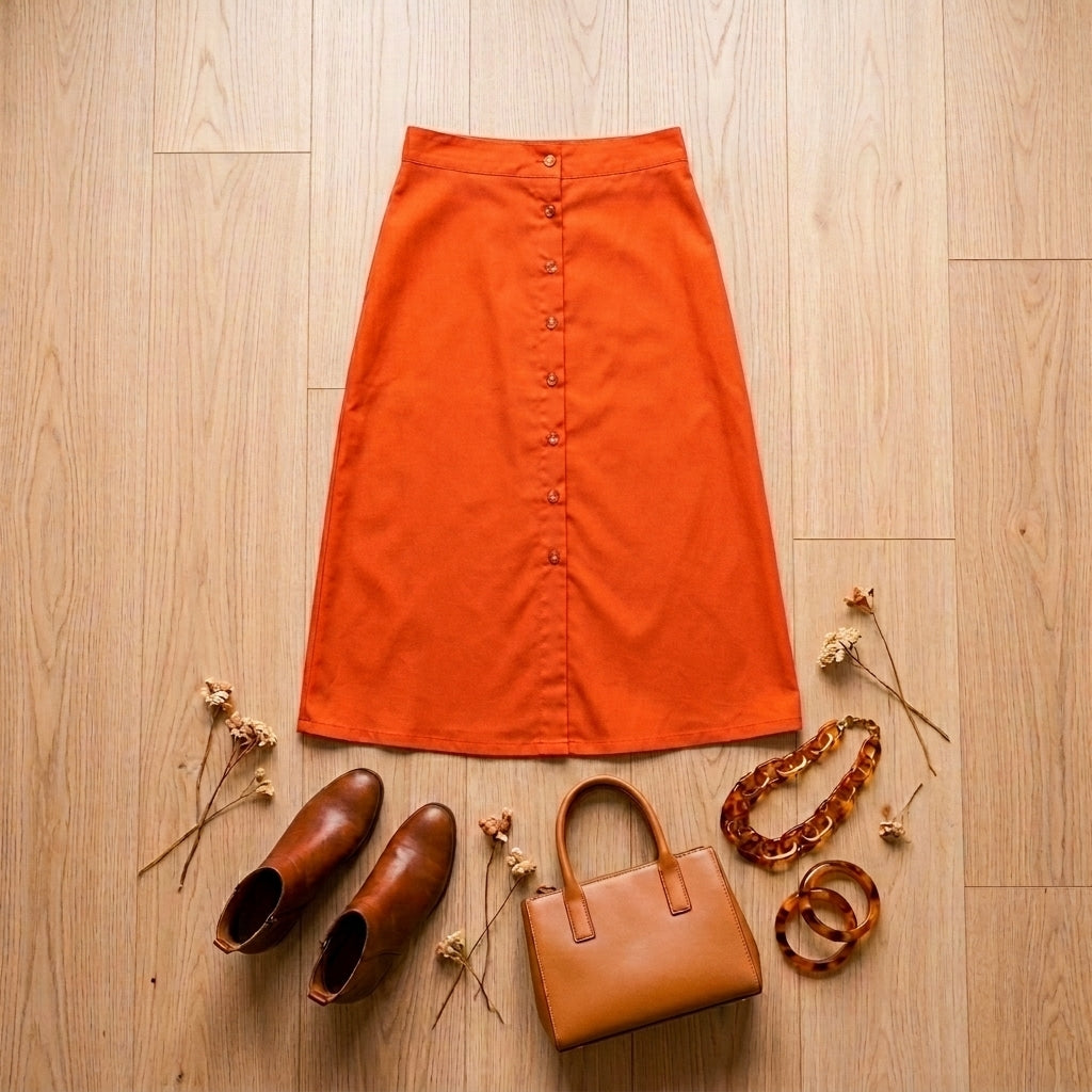 Everyday Cotton Button-Front Midi Skirt — Flat Lay - Styled | Generated by Modelize