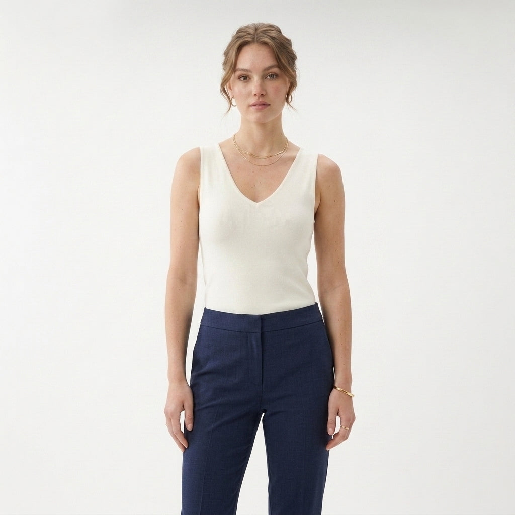 Double Layer V-Neck Sleeveless Fitted Knit Top — Generated | Generated by Modelize