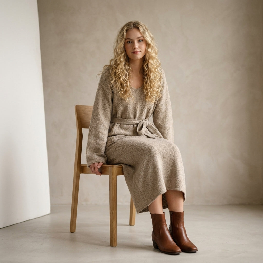 Two-piece tunic and skirt set — On Model - Seated | Generated by Modelize