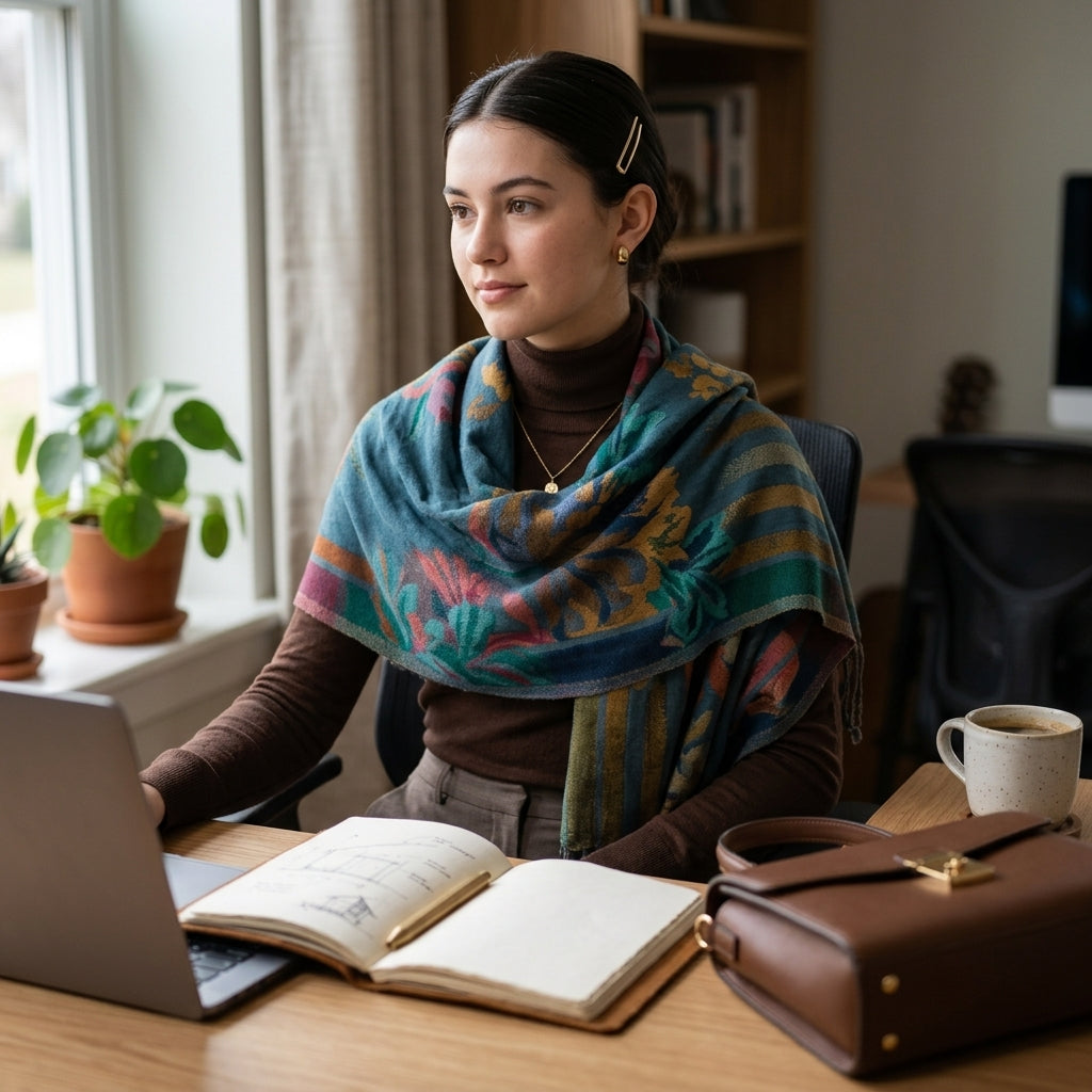Reversible fringe scarf — Lifestyle - Workspace | Generated by Modelize