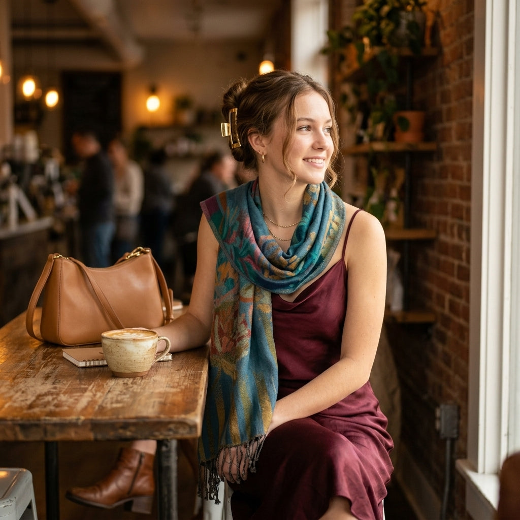 Reversible scarf — Lifestyle - Cafe Outfit | Generated by Modelize