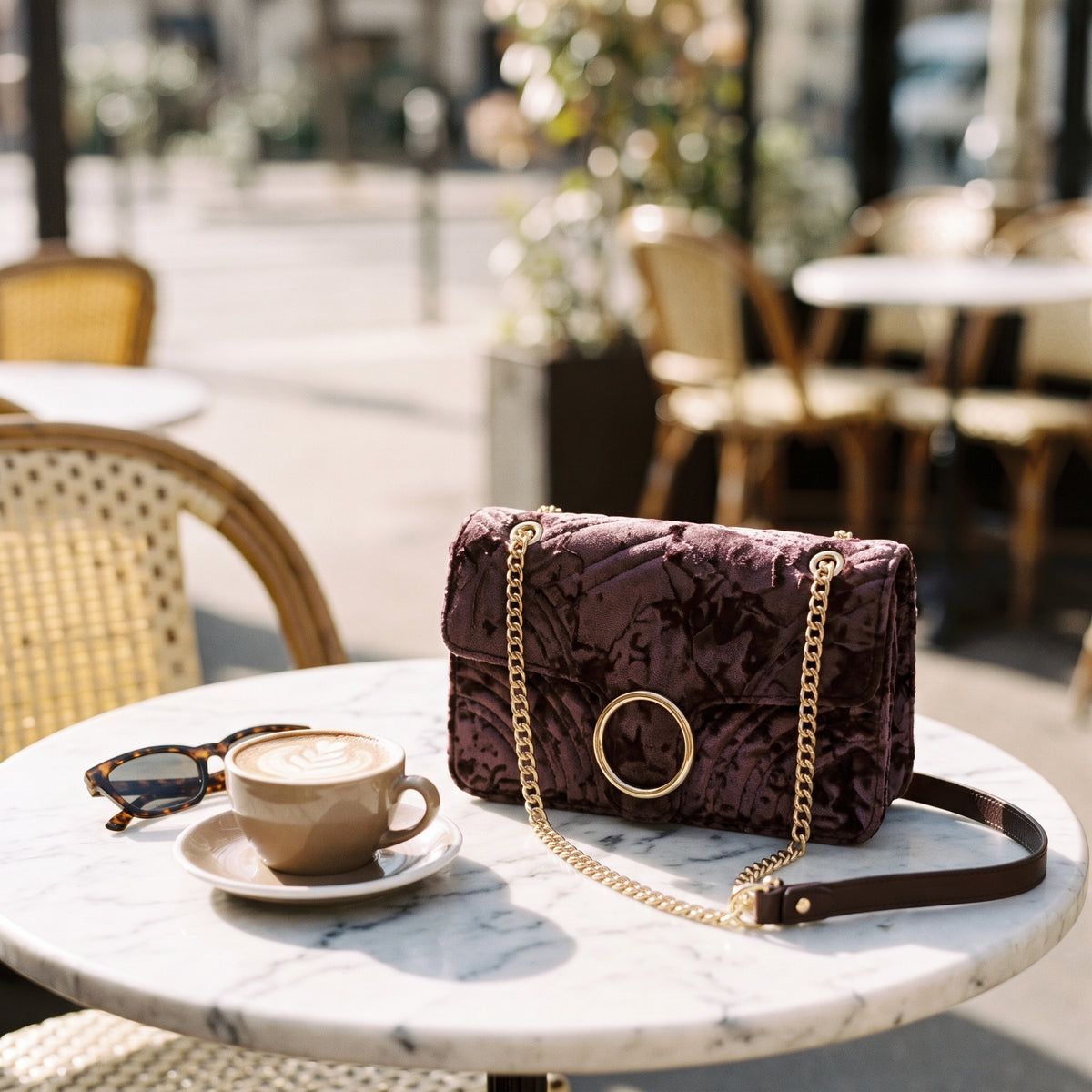 Crossbody Bag — Bistro Table Lifestyle Scene | Generated by Modelize