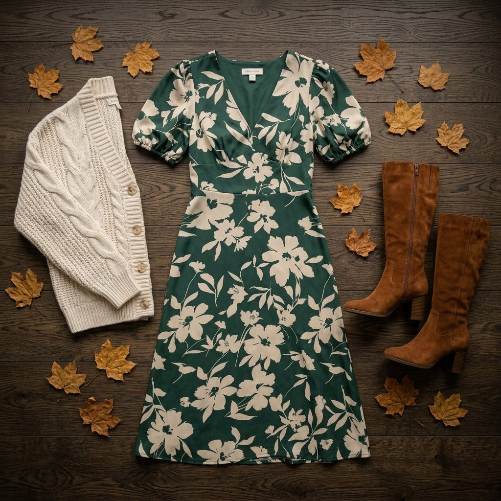 V-neck midi dress — Autumn Style Flat Lay | Generated by Modelize