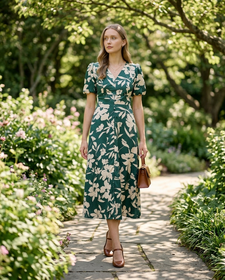 V-neck shirred waist midi dress — On Model - Botanical Editorial | Generated by Modelize