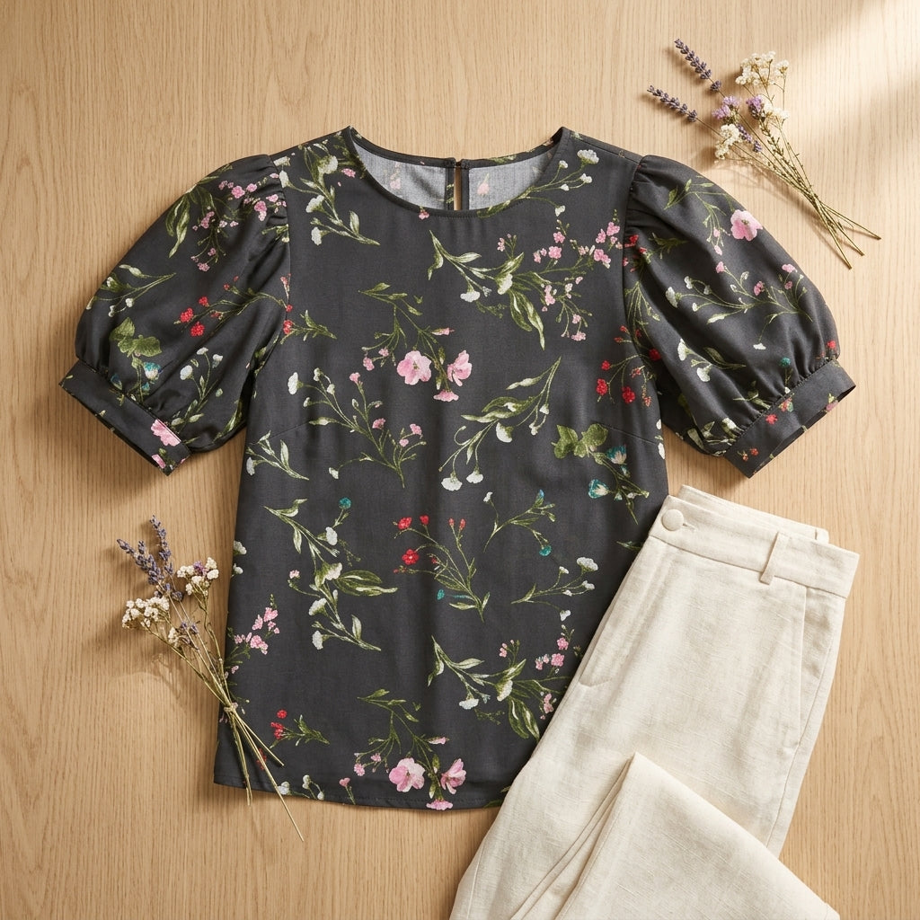 Bubble sleeve blouse — Full Flat Lay | Generated by Modelize