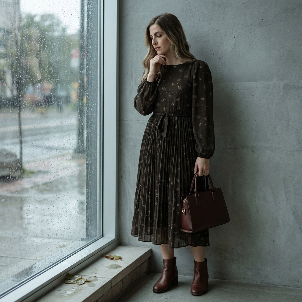Pleated midi dress — Rainy Window Lifestyle | Generated by Modelize