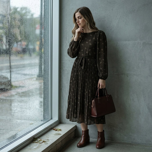 Pleated midi dress — Rainy Window Lifestyle | Generated by Modelize