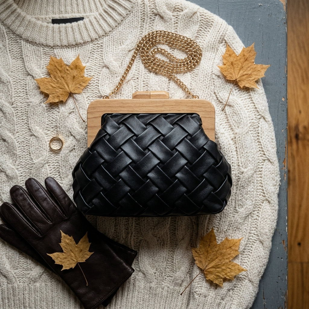 Woven clutch with wooden frame — Winter Essentials Flat Lay | Generated by Modelize