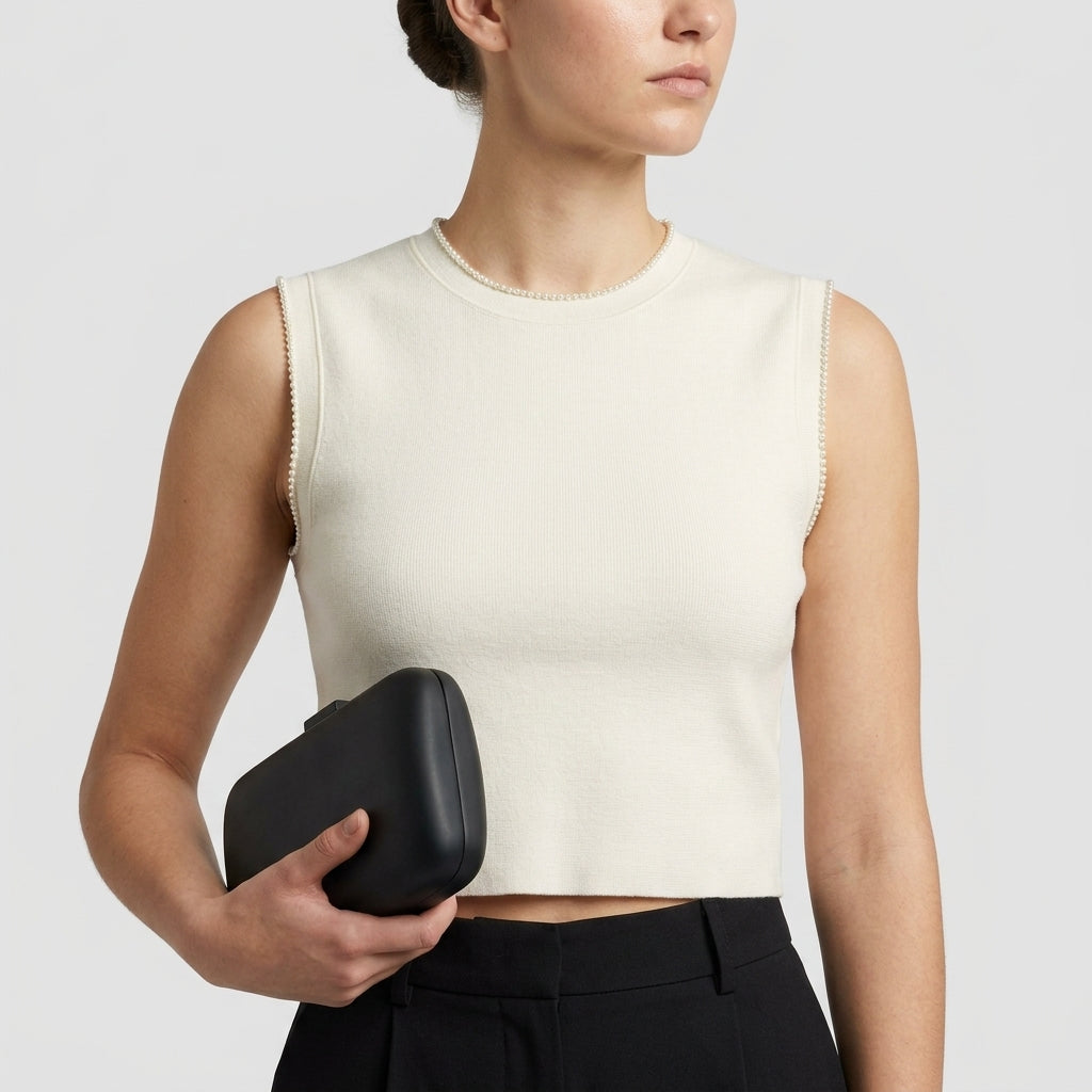 Sleeveless knit crop top — On Model - Close-up Detail | Generated by Modelize