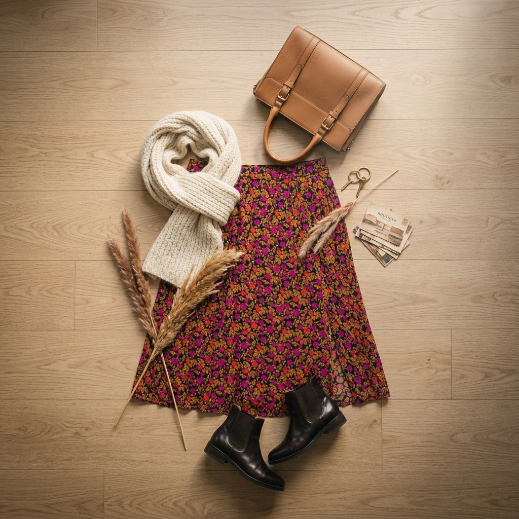 Pleated Midi Skirt — Seasonal Accessory Flat Lay | Generated by Modelize