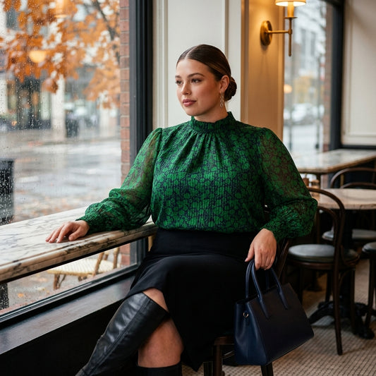 Mock neck blouse — Lifestyle - Cafe Outfit | Generated by Modelize