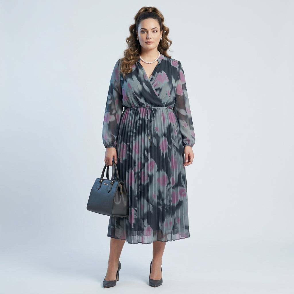 Pleated Chiffon Midi Dress — On Model - Accessories Focus | Generated by Modelize