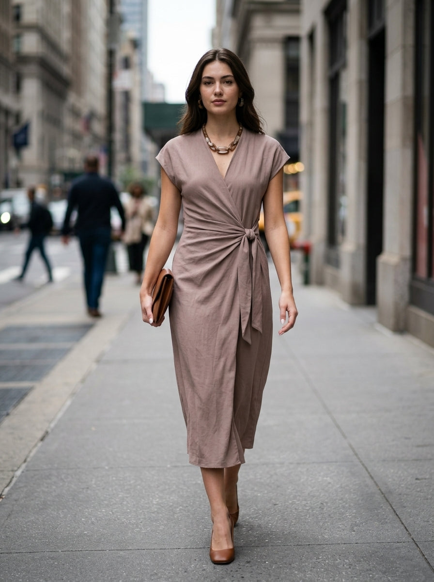 Midi Wrap Dress — On Model - Street Style | Generated by Modelize