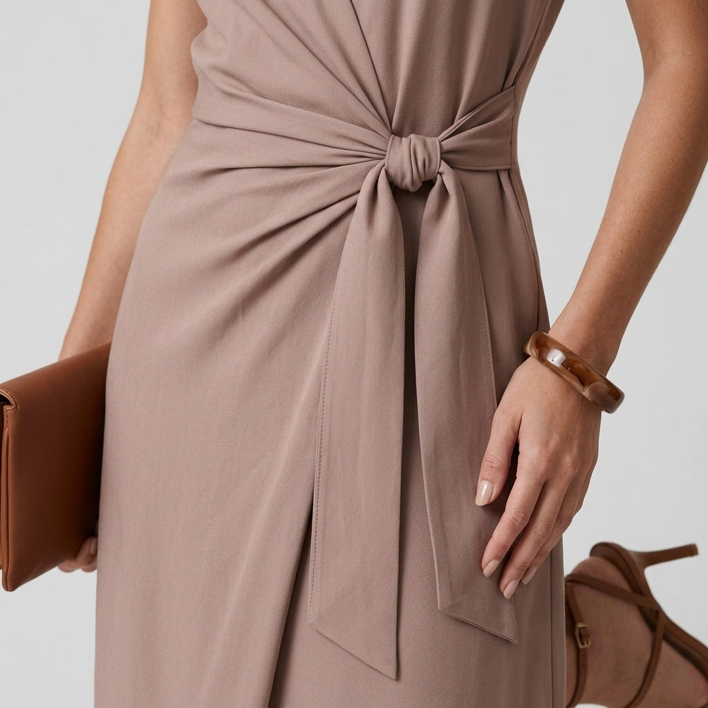 Midi Wrap Dress — On Model - Close-up Detail | Generated by Modelize