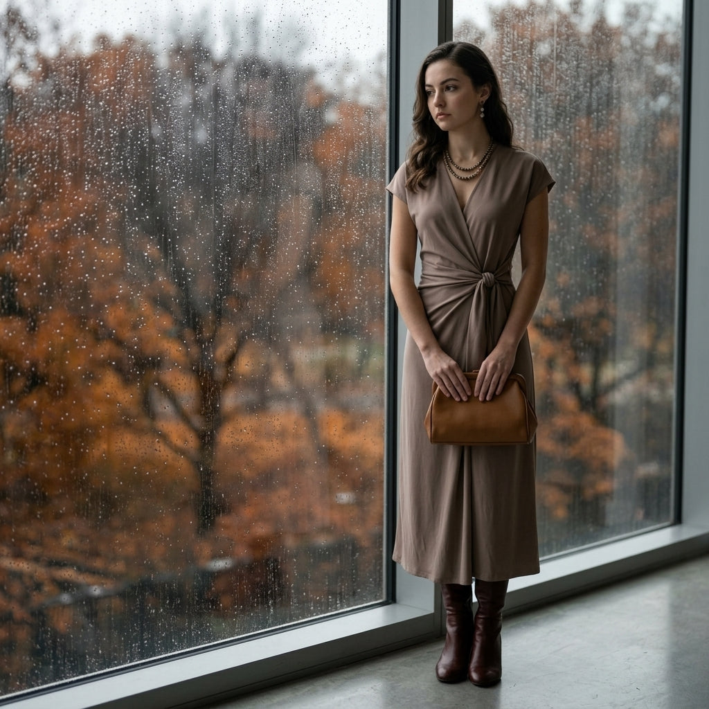 Midi Wrap Dress — Atmospheric Rainy Window | Generated by Modelize