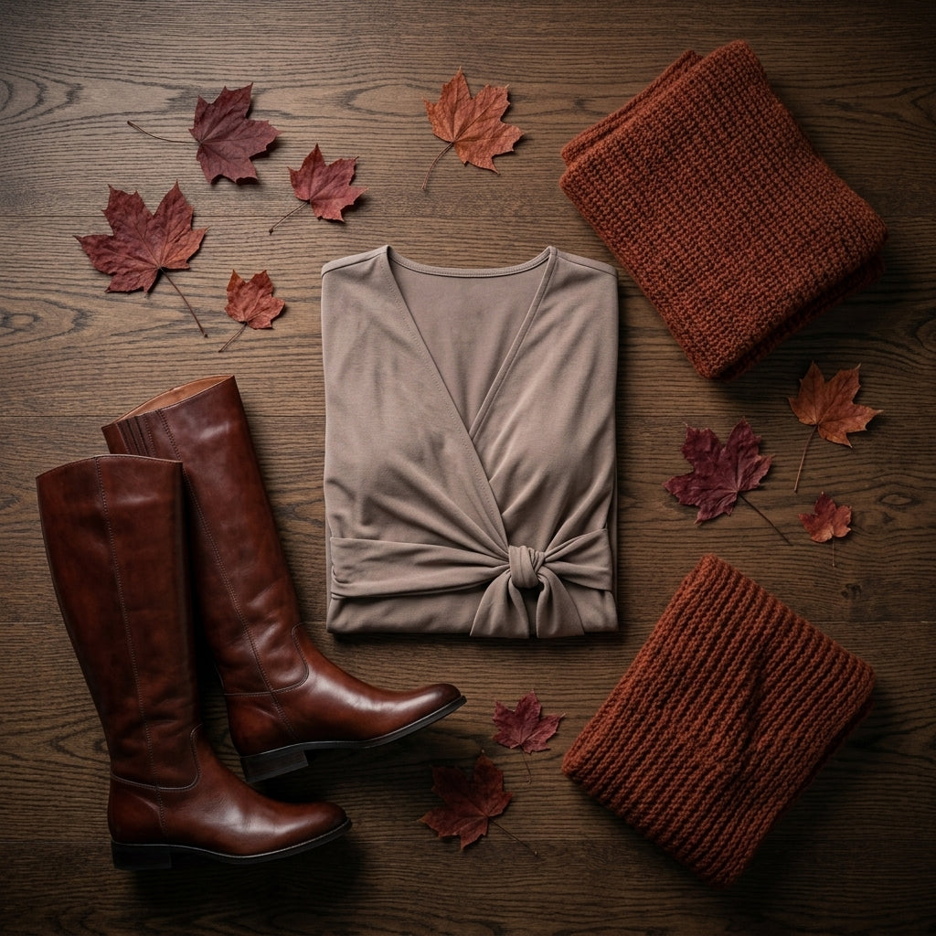 Midi wrap dress — Fall Accessory Flat Lay | Generated by Modelize