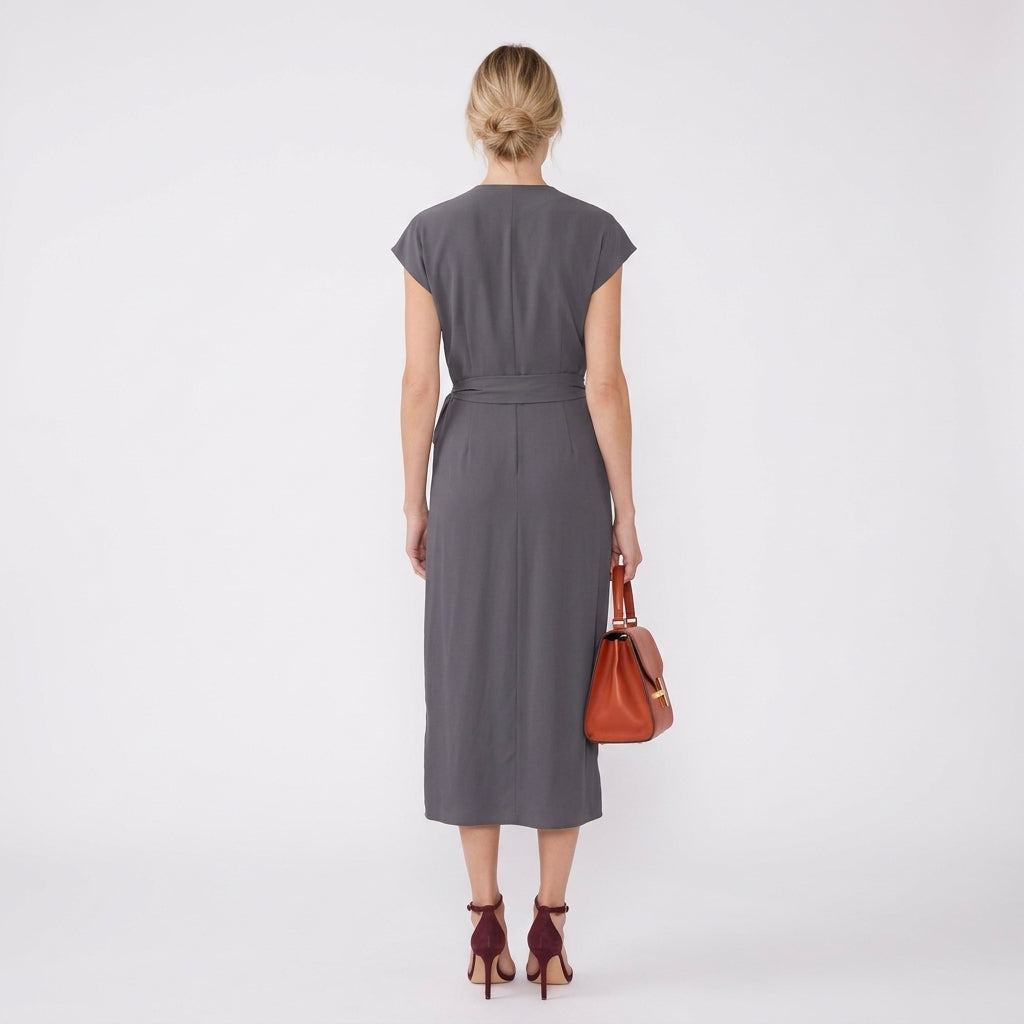 Midi Wrap Dress — Back View Studio Shot | Generated by Modelize