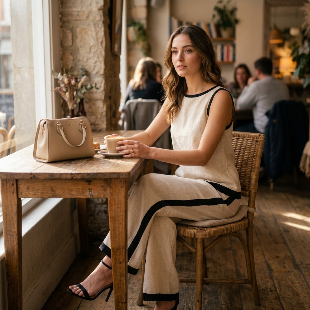 Two-piece sleeveless top and wide-leg trousers set — Lifestyle - Cafe Outfit | Generated by Modelize