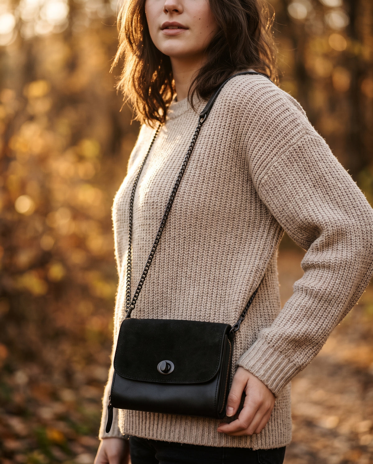 Crossbody Handbag — Floating Chain Detail Shot | Generated by Modelize