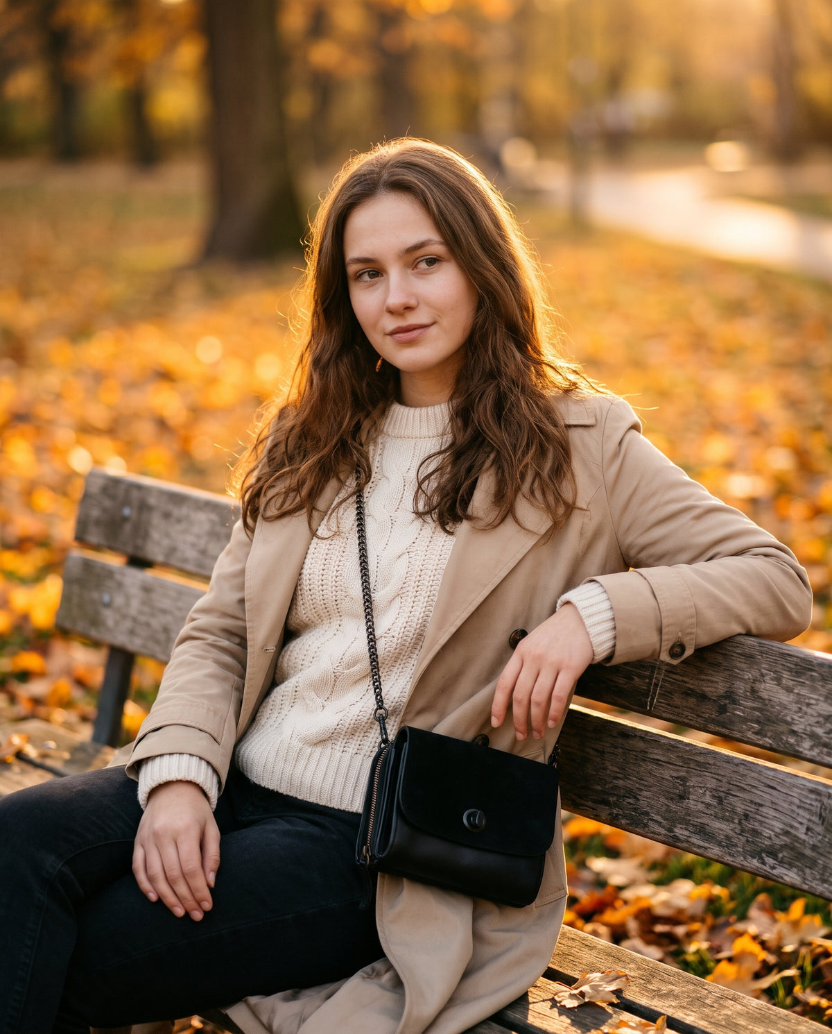 Crossbody Bag — Autumn Park Bench Scene | Generated by Modelize