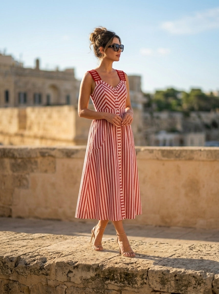 Stripe red and white dress — On Model - Outdoor | Generated by Modelize