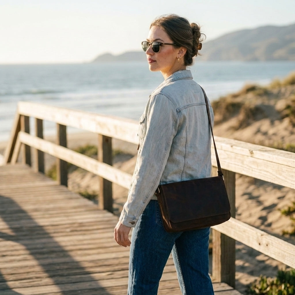 The Savannah Leather Crossbody — On Model - Seaside Accessories | Generated by Modelize