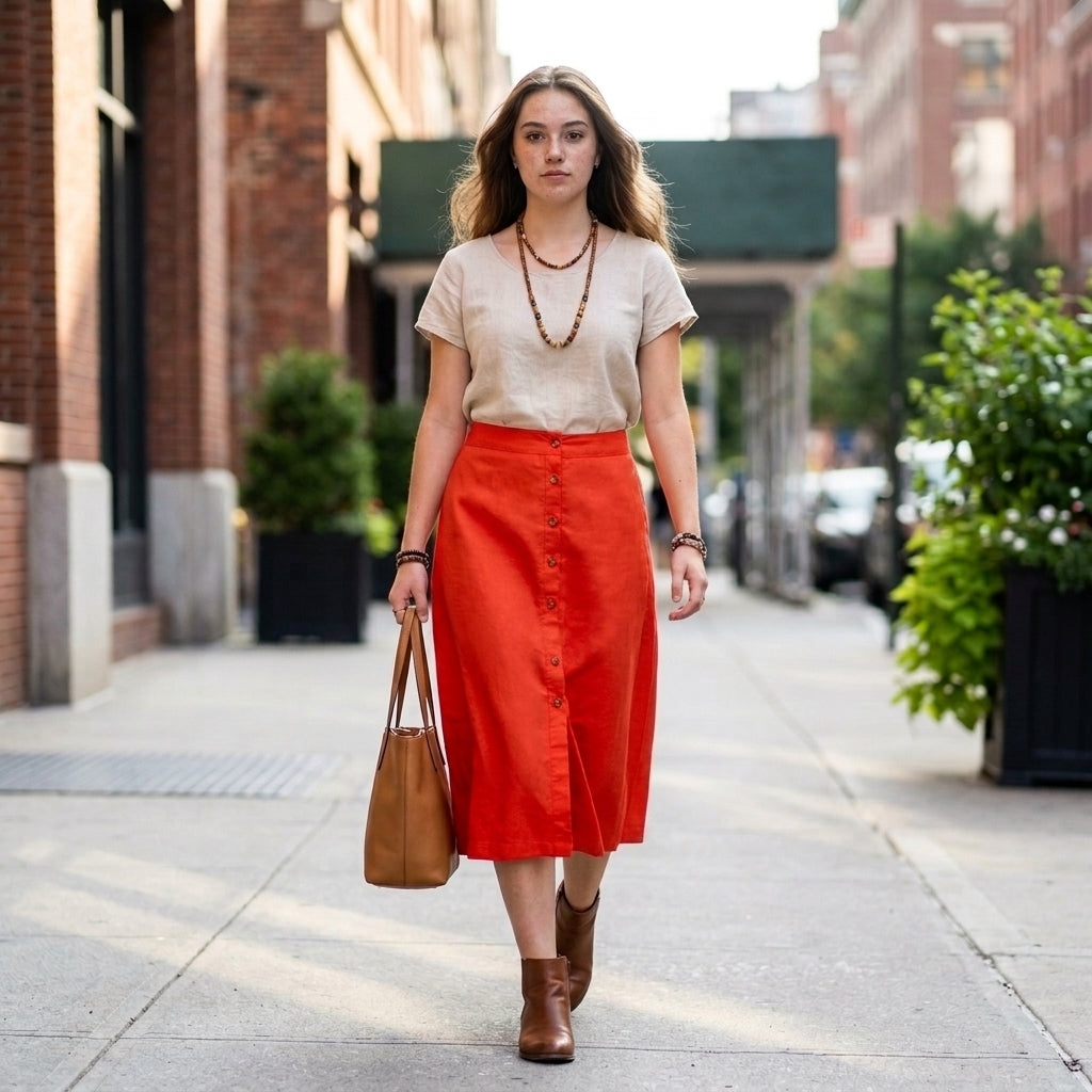 Everyday Cotton Button-Front Midi Skirt — On Model - Street Style | Generated by Modelize