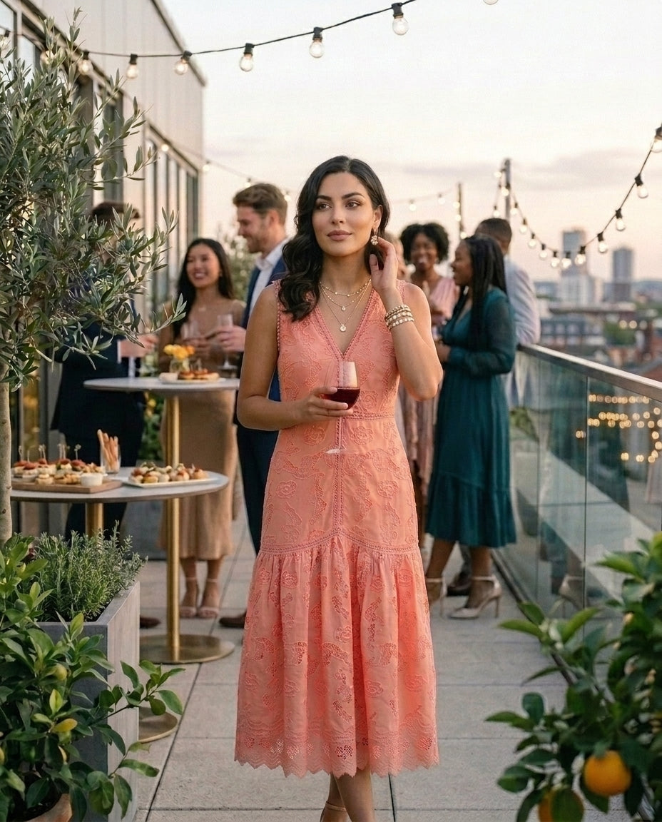 Peach Lace Midi Dress