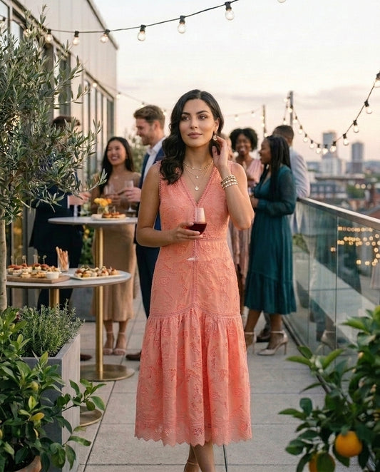 Peach Lace Midi Dress
