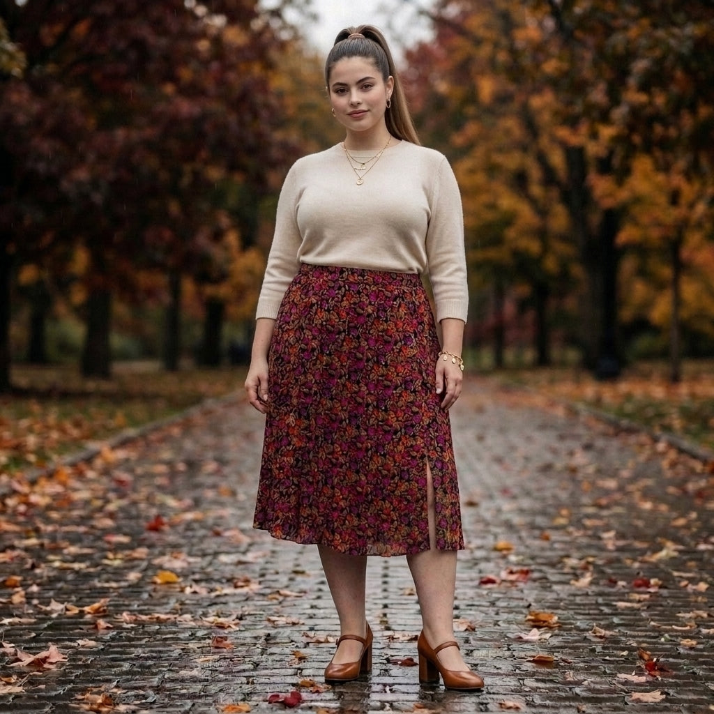Pleated Print Midi Skirt