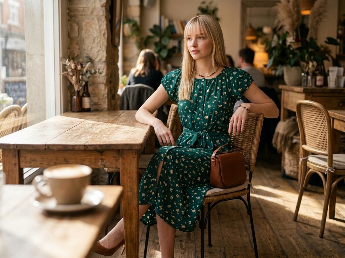 Round neck balloon sleeve button down midi dress