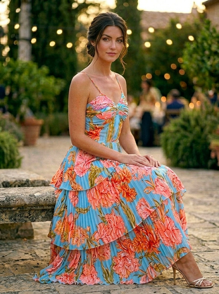 Blue Multi Floral Pleated Tiered Midi Dress